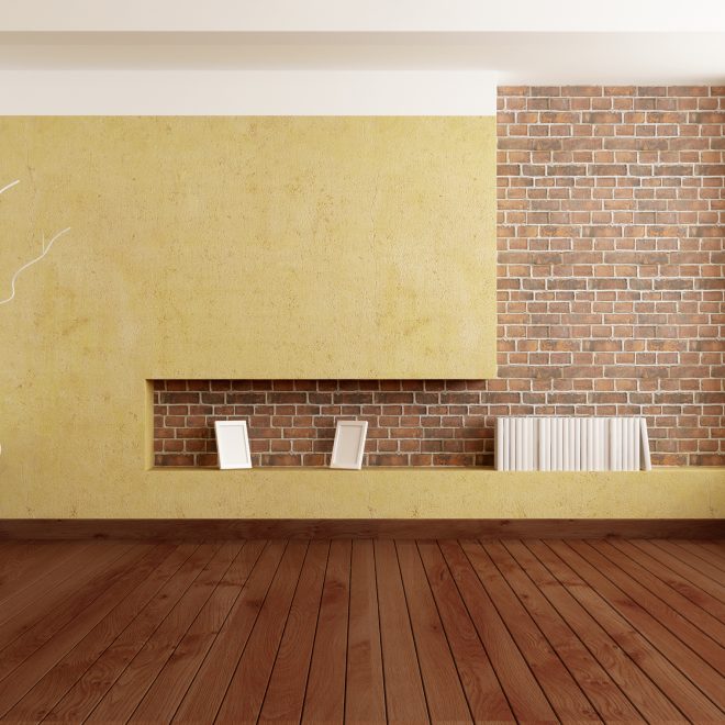 Empty minimalist room with plaster wall and brick niche - rendering