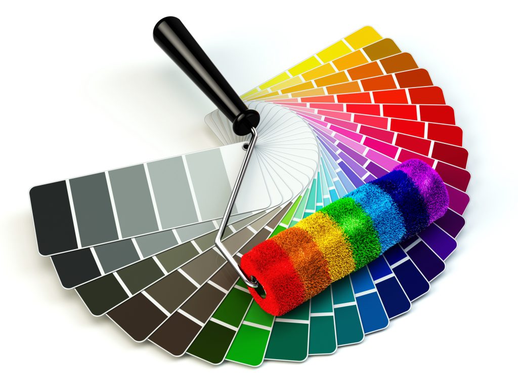 Roller brush and color guide palette in rainbow colors. 3d